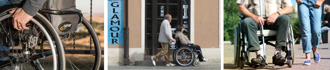 personne assise dans un fauteuil roulant, personne qui pousse une personne assise dans un fauteuil roulant, personne dans un fauteuil roulant accompagné d'une  personne qui marche 